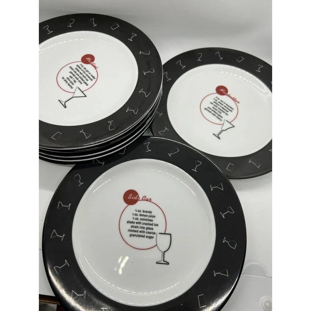 7 Pottery Barn Retro Bar Salad Bread Side Plates Drink Recipes black white 8.5